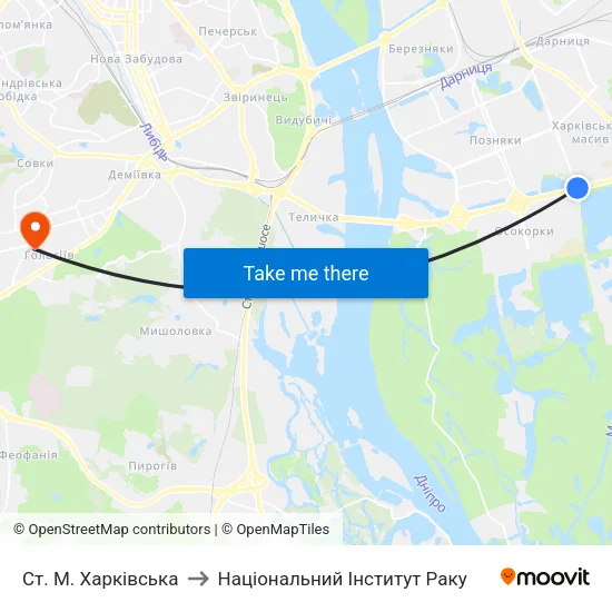 Ст. М. Харківська to Національний Інститут Раку map