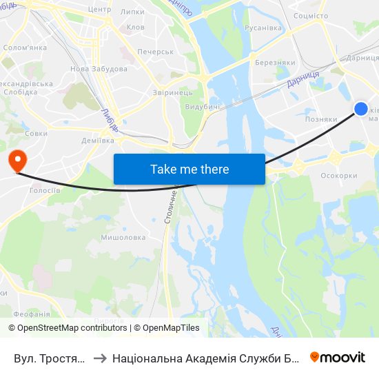 Вул. Тростянецька to Національна Академія Служби Безпеки України map