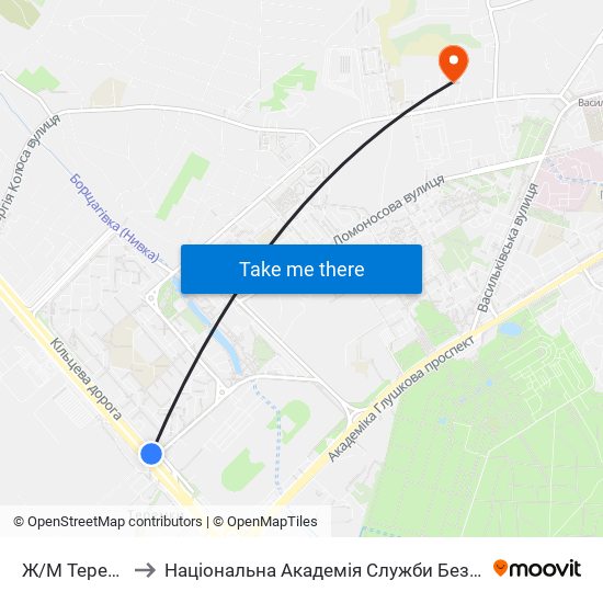 Ж/М Теремки-1 to Національна Академія Служби Безпеки України map