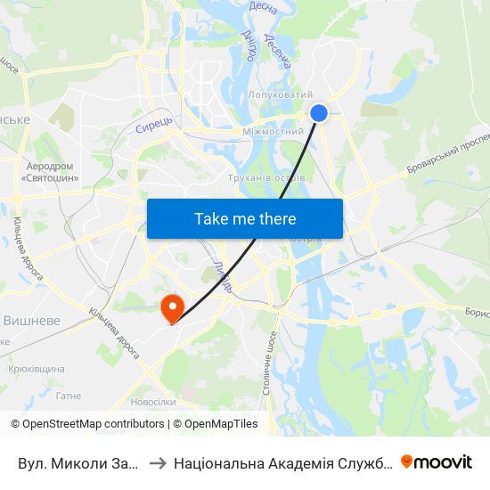 Вул. Миколи Закревського to Національна Академія Служби Безпеки України map