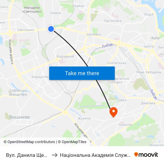 Вул. Данила Щербаківського to Національна Академія Служби Безпеки України map