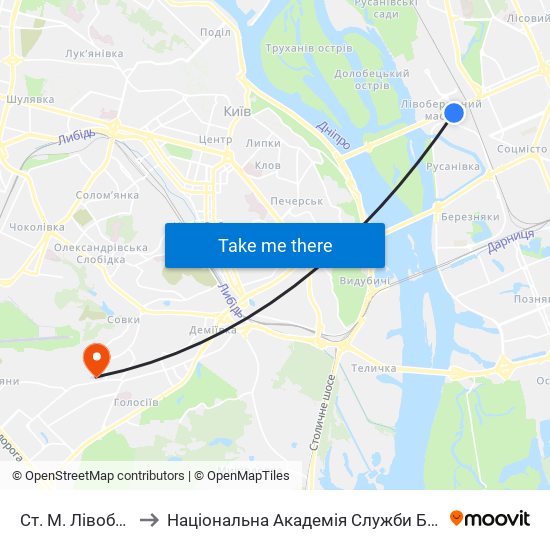 Ст. М. Лівобережна to Національна Академія Служби Безпеки України map