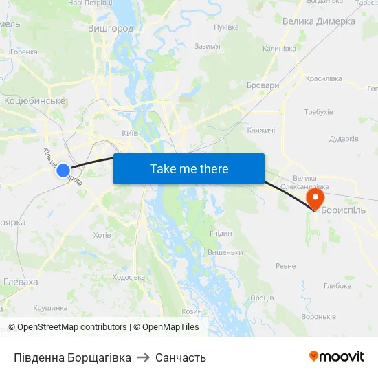 Південна Борщагівка to Санчасть map