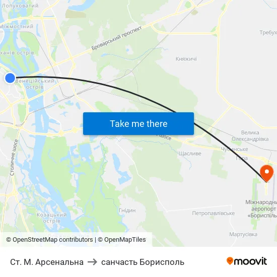 Ст. М. Арсенальна to санчасть Борисполь map