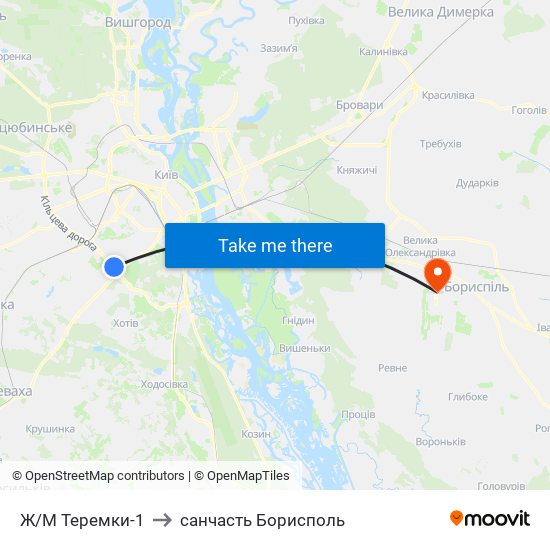 Ж/М Теремки-1 to санчасть Борисполь map