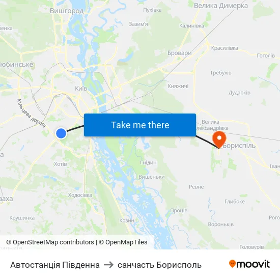 Автостанція Південна to санчасть Борисполь map