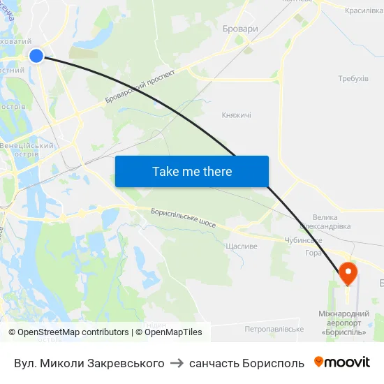 Вул. Миколи Закревського to санчасть Борисполь map