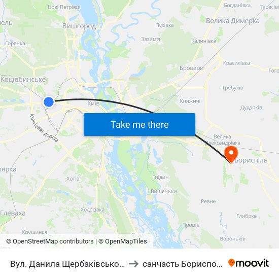 Вул. Данила Щербаківського to санчасть Борисполь map