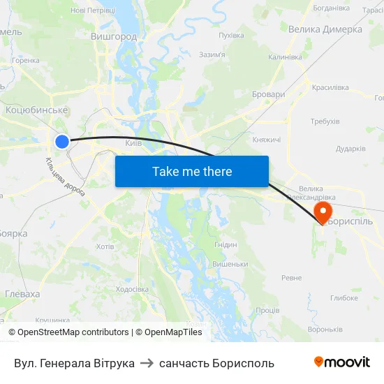 Вул. Генерала Вітрука to санчасть Борисполь map