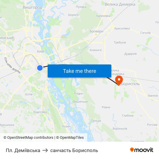 Пл. Деміївська to санчасть Борисполь map