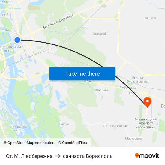 Ст. М. Лівобережна to санчасть Борисполь map