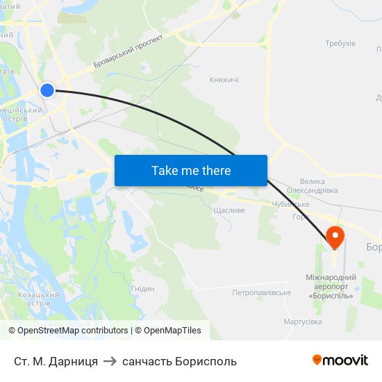 Ст. М. Дарниця to санчасть Борисполь map