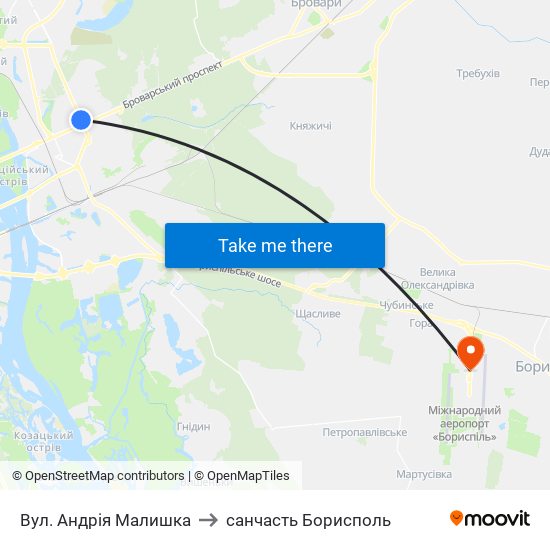 Вул. Андрія Малишка to санчасть Борисполь map