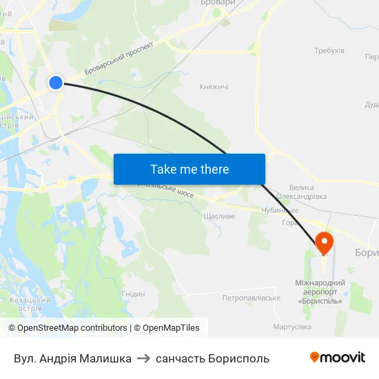 Вул. Андрія Малишка to санчасть Борисполь map