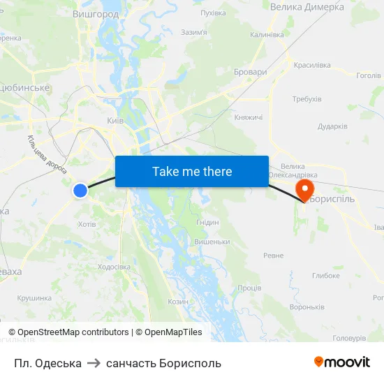 Пл. Одеська to санчасть Борисполь map
