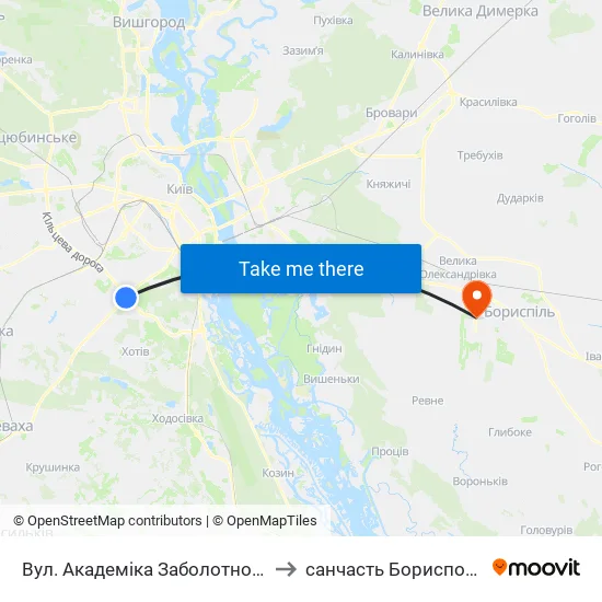 Вул. Академіка Заболотного to санчасть Борисполь map