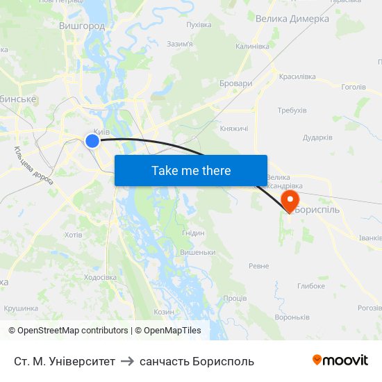 Ст. М. Університет to санчасть Борисполь map