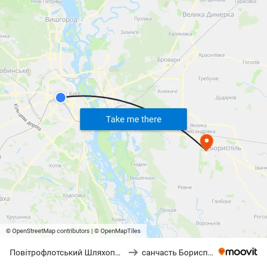 Повітрофлотський Шляхопровід to санчасть Борисполь map
