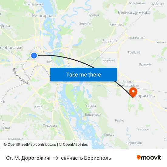 Ст. М. Дорогожичі to санчасть Борисполь map