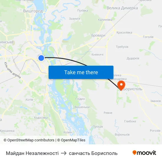Майдан Незалежності to санчасть Борисполь map