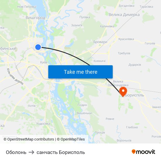 Оболонь to санчасть Борисполь map