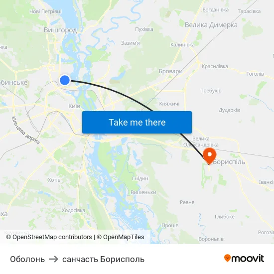 Оболонь to санчасть Борисполь map