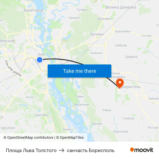 Площа Льва Толстого to санчасть Борисполь map