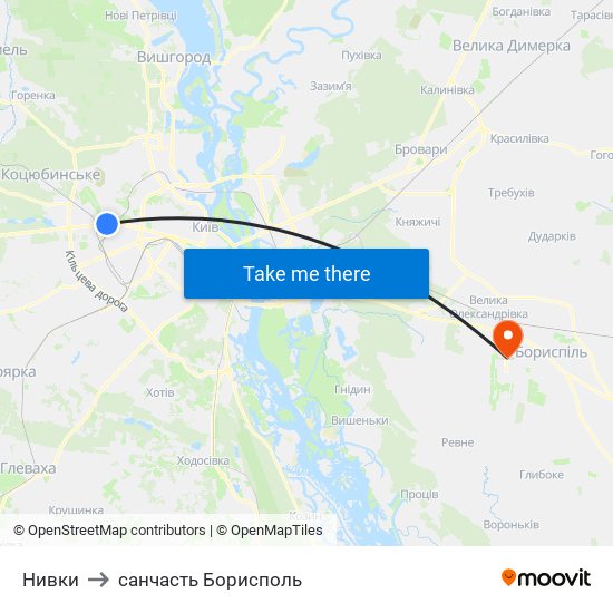 Нивки to санчасть Борисполь map