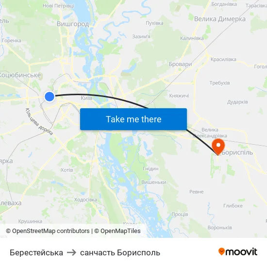 Берестейська to санчасть Борисполь map