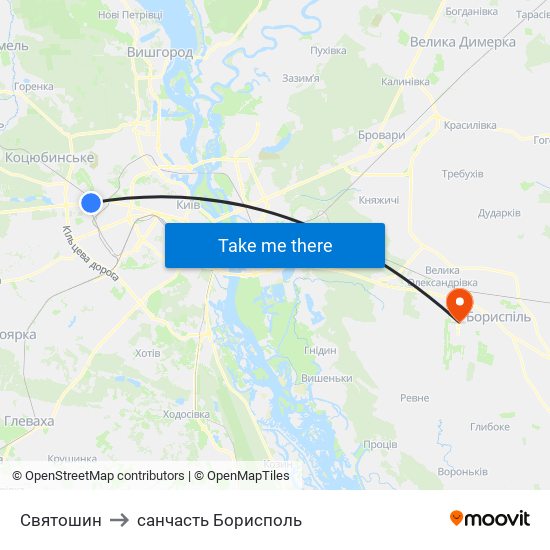 Святошин to санчасть Борисполь map