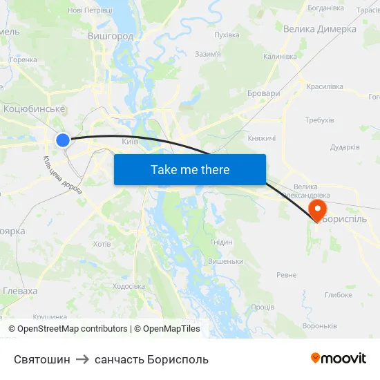 Святошин to санчасть Борисполь map