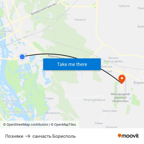 Позняки to санчасть Борисполь map