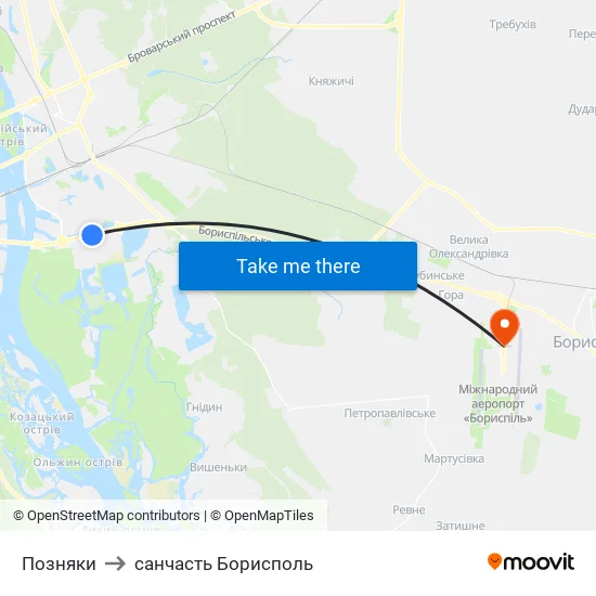 Позняки to санчасть Борисполь map