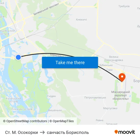 Ст. М. Осокорки to санчасть Борисполь map