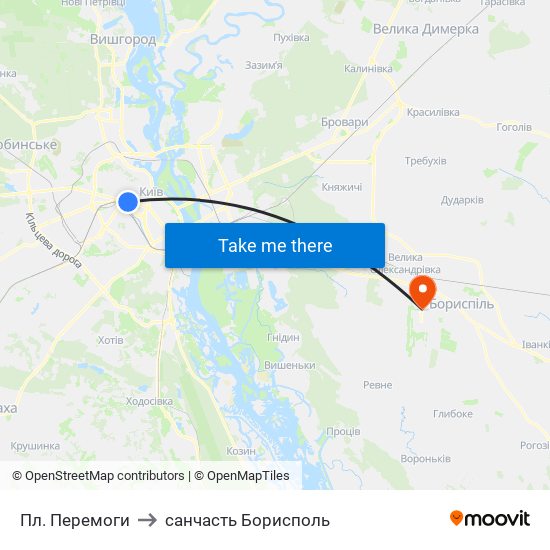 Пл. Перемоги to санчасть Борисполь map