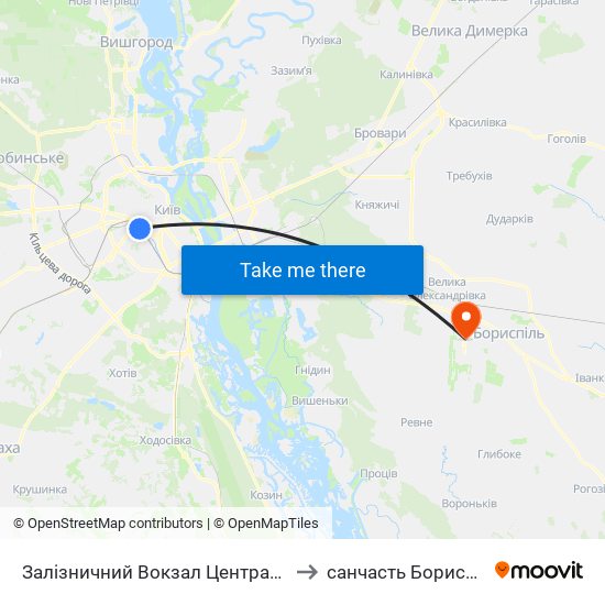 Залізничний Вокзал Центральний to санчасть Борисполь map