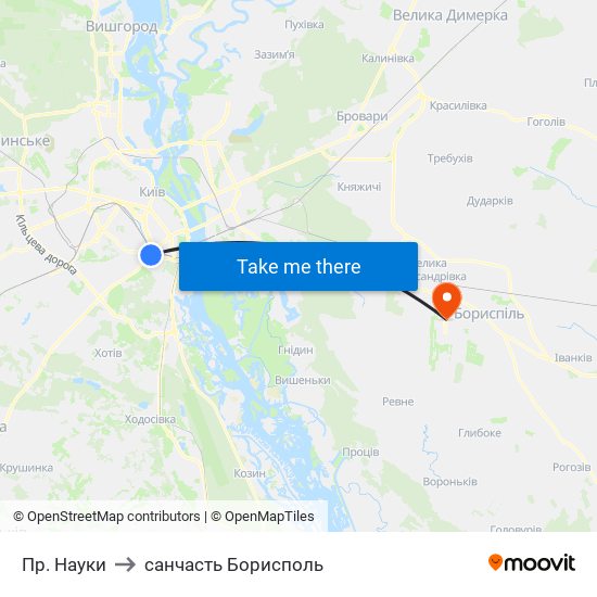 Пр. Науки to санчасть Борисполь map