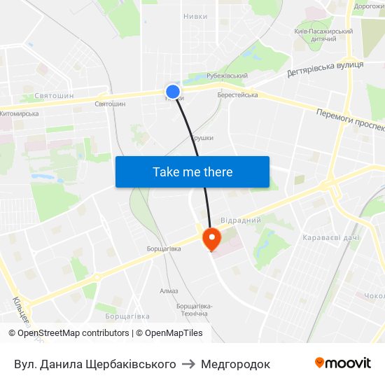 Вул. Данила Щербаківського to Медгородок map