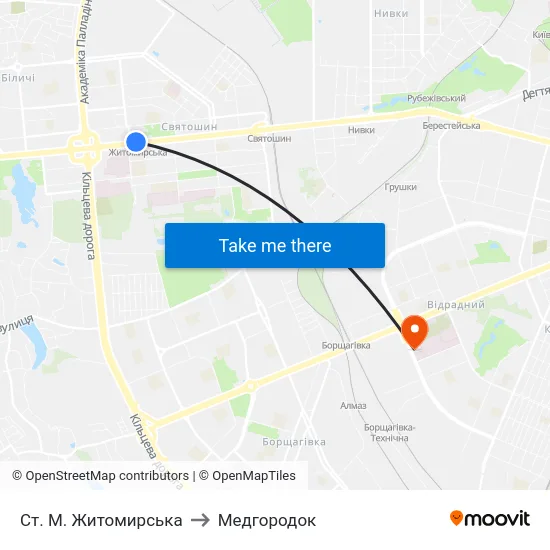 Ст. М. Житомирська to Медгородок map