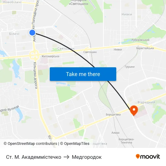 Ст. М. Академмістечко to Медгородок map