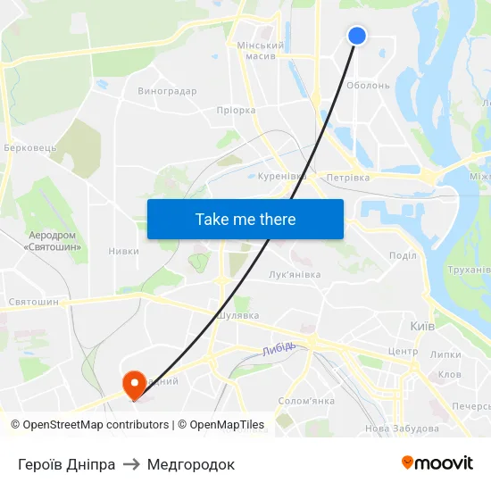 Героїв Дніпра to Медгородок map