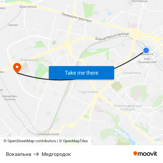 Вокзальна to Медгородок map