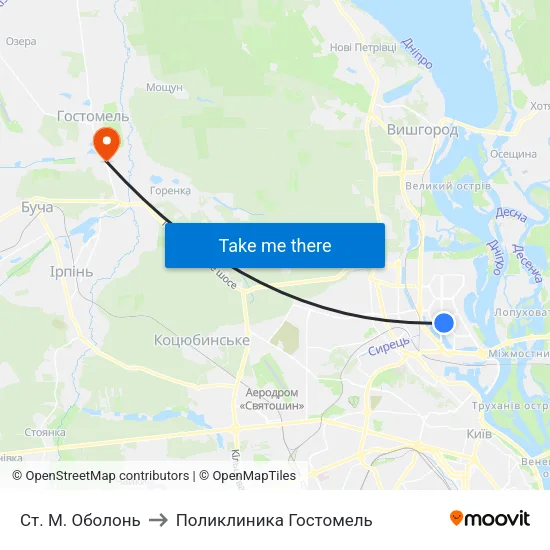 Ст. М. Оболонь to Поликлиника Гостомель map