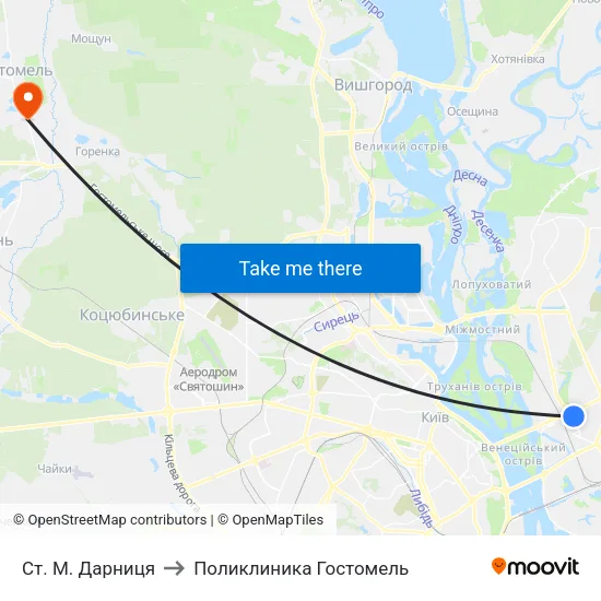 Ст. М. Дарниця to Поликлиника Гостомель map