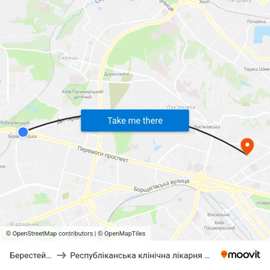 Берестейська to Республіканська клінічна лікарня МОЗ України map