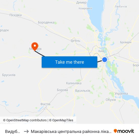 Видубичі to Макарівська центральна районна лікарня map