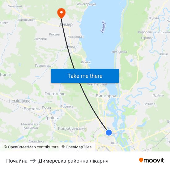 Почайна to Димерська районна лікарня map