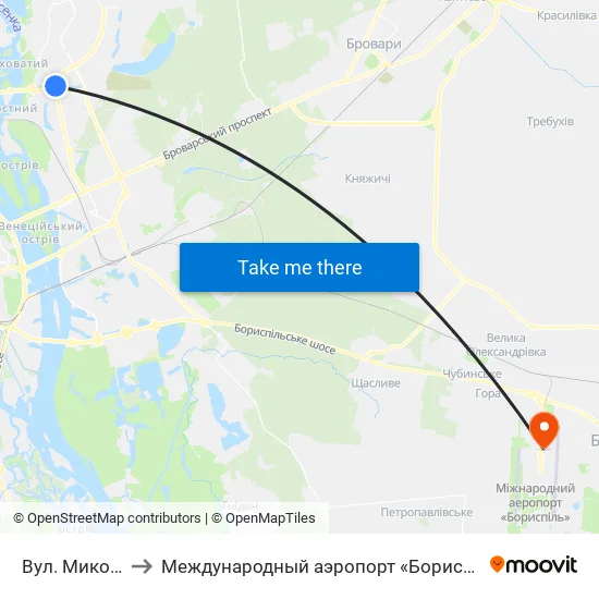Вул. Миколи Закревського to Международный аэропорт «Борисполь» (KBP) (Міжнародний аеропорт «Бориспіль») map