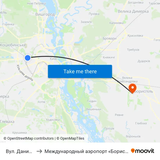 Вул. Данила Щербаківського to Международный аэропорт «Борисполь» (KBP) (Міжнародний аеропорт «Бориспіль») map