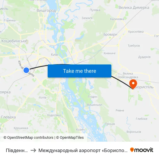 Південна Борщагівка to Международный аэропорт «Борисполь» (KBP) (Міжнародний аеропорт «Бориспіль») map